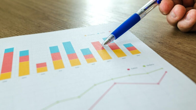 Une main tenant un stylo pointant des graphiques financiers