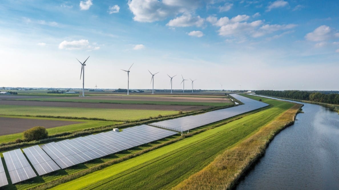 Des éoliennes et panneaux photovoltaïques installés le long d'un canal
