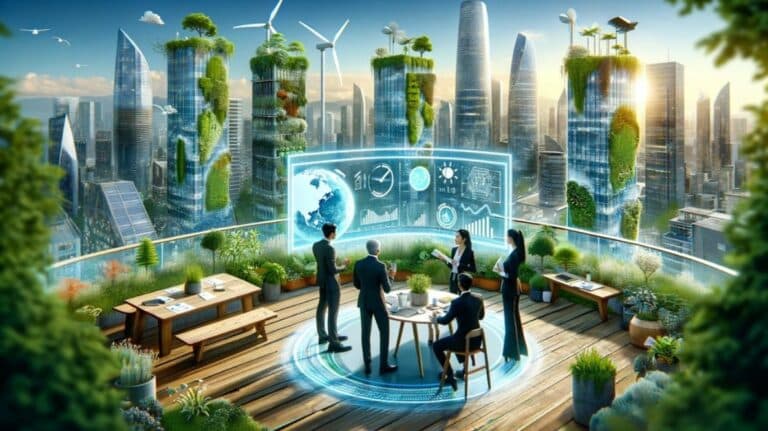 Une illustration représentant un groupe de personnes devant un écran translucide et surplombant une ville futuristique et écologique