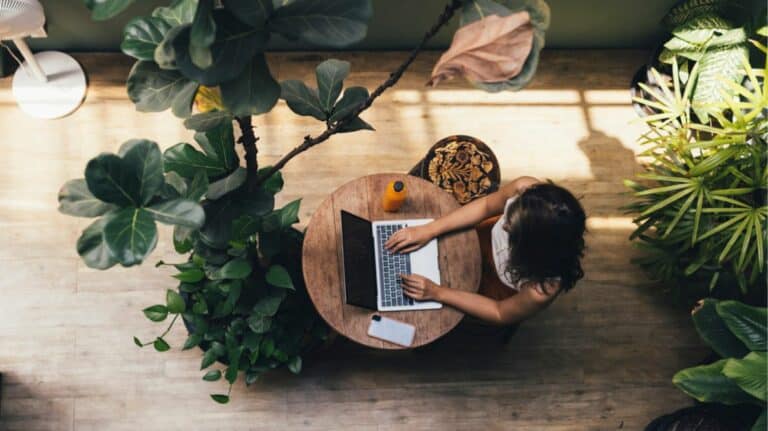 Une femme travaillant sur son ordinateur, entourée de plantes