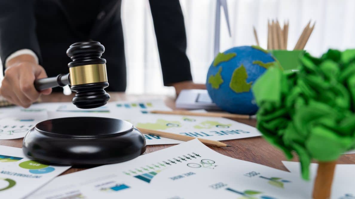 Une main tenant un marteau de président. en arrière-plan, un globe terrestre en papier mâché.